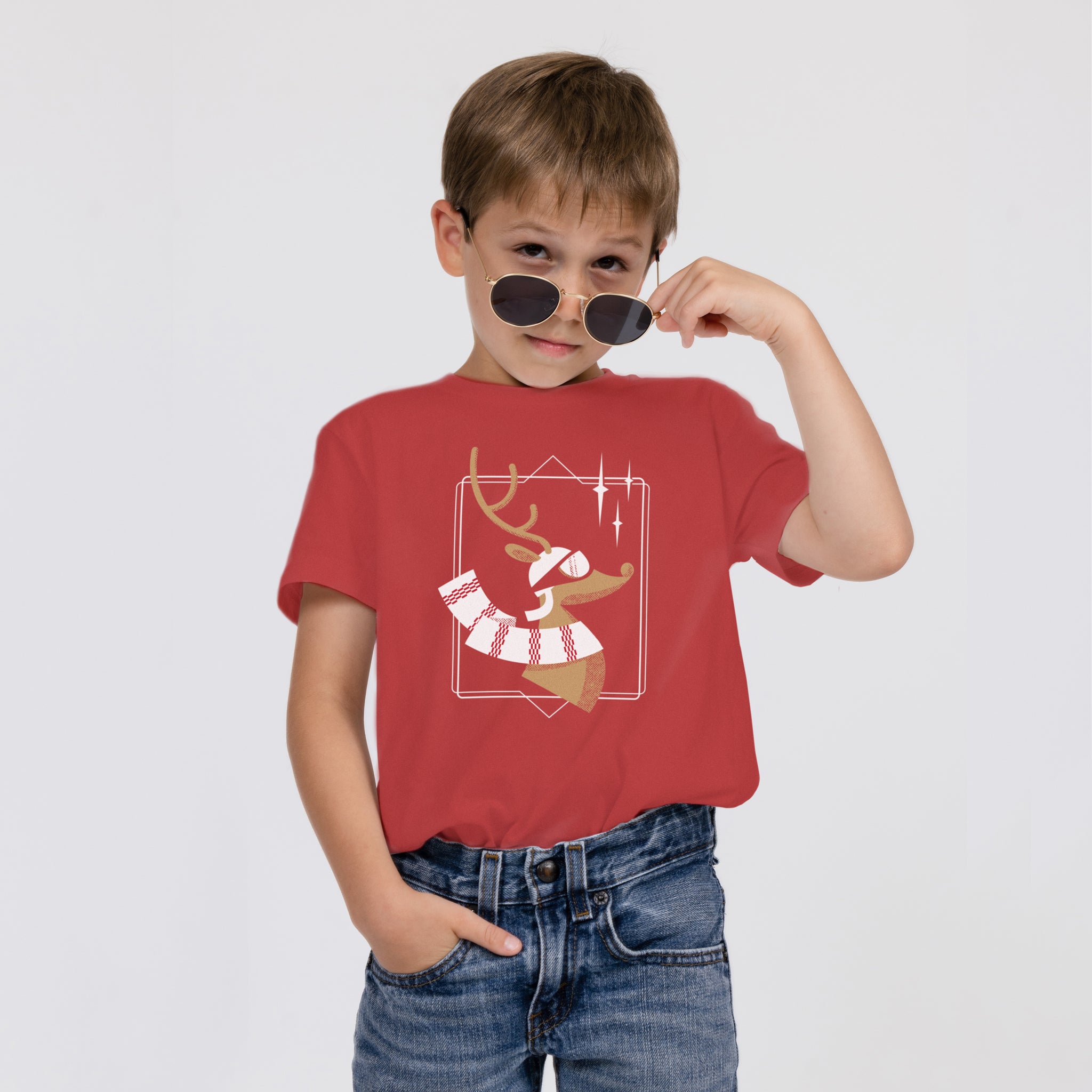 kid's red Christmas holiday t-shirt with reindeer graphic