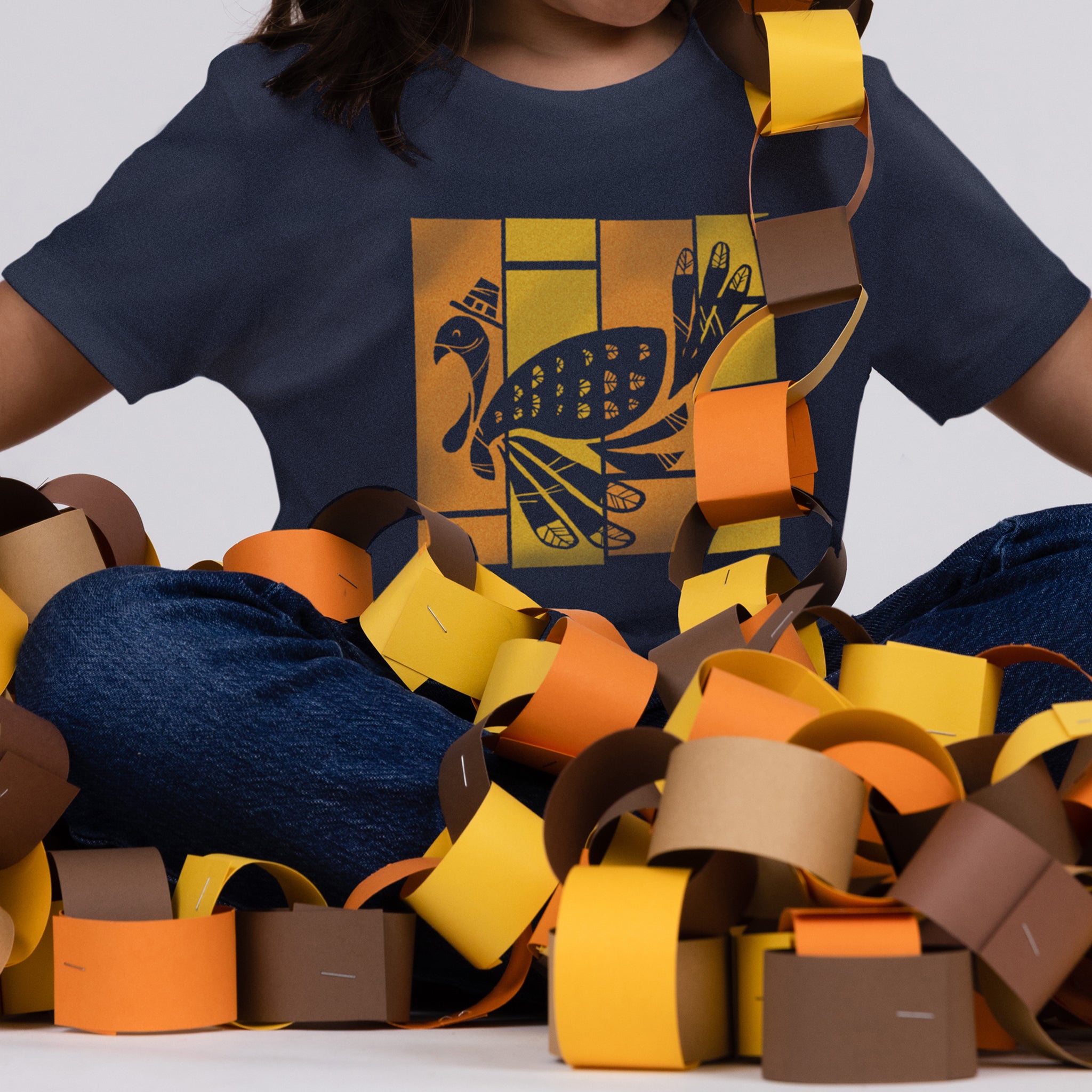kid's Thanksgiving t-shirt with turkey graphic, blue orange and yellow